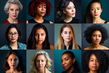 Different portraits of women in front of a gray background.