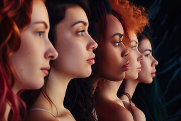 group of diverse women on profile isolated on black background
