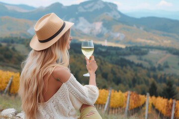 A stylish woman enjoys a glass of wine in the beautiful outdoors, surrounded by the golden hues of...