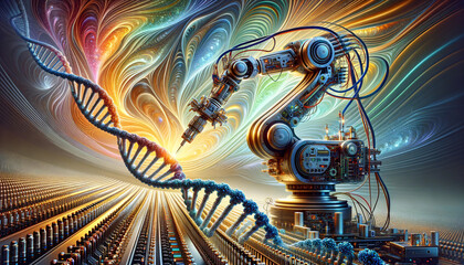Futuristic robotic arm manipulating DNA strand with surreal backdrop.