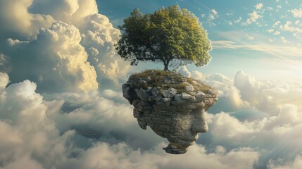 head and tree drifting above clouds, mental balance concept, mindfulness wall art home decor print - obrazy, fototapety, plakaty