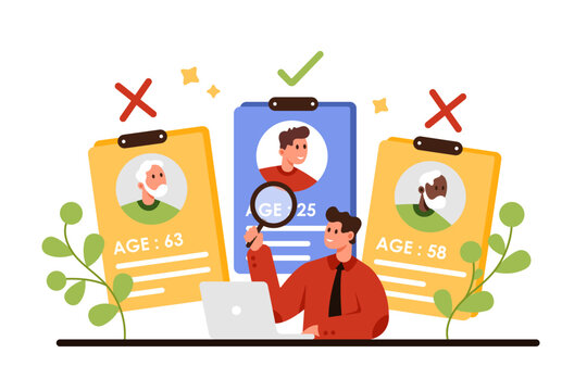 Age discrimination, ageism problem of society. Tiny HR manager with prejudice towards older candidates for vacancy, studying resume of employees through magnifying glass cartoon vector illustration