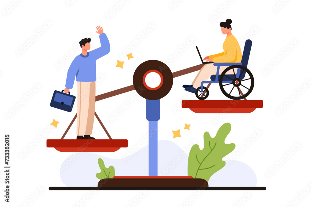 Wall mural Discrimination, ableism, bias in society and HR company management against office employee with disability. Tiny woman in wheelchair, man with briefcase standing on scales cartoon vector illustration