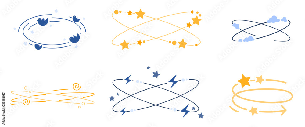 Wall mural dizzy line icons set. vertigo and dizziness symbols collection with spinning stars and clouds motion