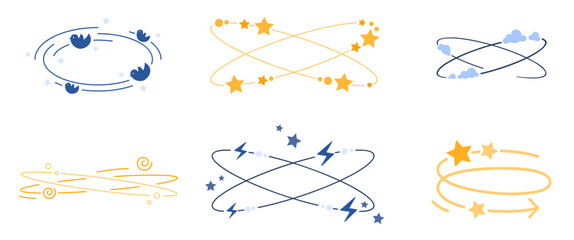 Dizzy line icons set. Vertigo and dizziness symbols collection with spinning stars and clouds motion, flying birds and scribbles, headache and stupid feeling, hangover metaphor vector illustration - obrazy, fototapety, plakaty