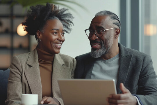 Energetic office dynamics: Middle-aged female executive engrossed in conversation with male colleague, collaborating on digital tablet, fostering a productive and cheerful work atmosphere.