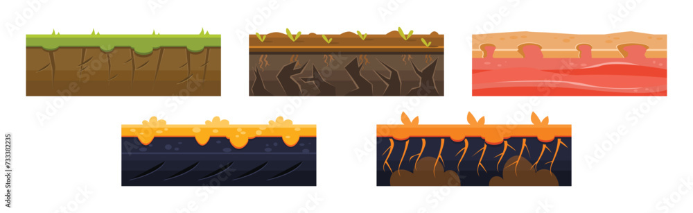 Poster game platforms with uneven terrain and environment vector set