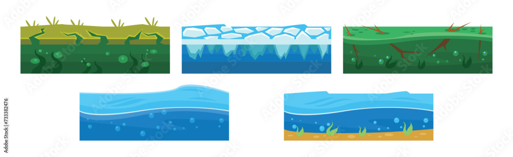 Poster water fantasy platforms for mobile or computer games user interface vector set
