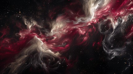 Luminous trails of liquid silver and celestial magenta converging in a celestial ballet, crafting a mesmerizing and enigmatic abstract universe on a canvas of profound black. 