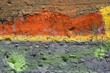 Orange, gray and brown colors dripped paint on old concrete wall background. Natural paintbrush strokes and textured rough cement