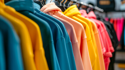 Vibrant display of hoodies on hangers in a textile retail setting - obrazy, fototapety, plakaty