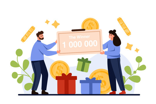 Success in lottery, winning money prize with jackpot. Tiny people millionaires holding check for million dollars payment, lucky happy woman and man win big grant or gifts cartoon vector illustration