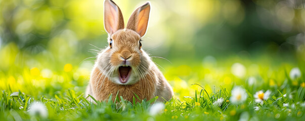 banner of rabbit with open mouth on the green grass background - obrazy, fototapety, plakaty