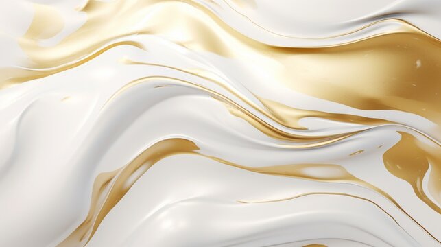 A high-definition image showcases the brilliance of abstract white and golden liquid, forming an exquisite wavy background that exudes luxury.
