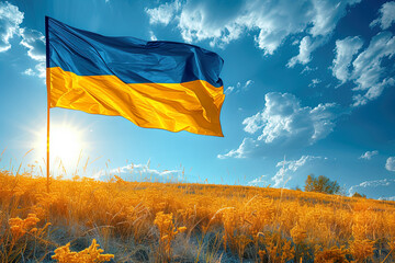 Ukrainian flag on wheat field during sunset. Concept of food crisis and famine due to Russia war against Ukraine