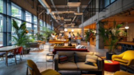 Defocused image of a lively modern co-working area with people and indoor plants. Resplendent.