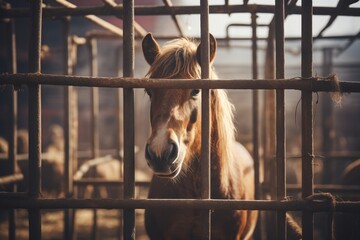 Young sad horses locked behind a cage
 - obrazy, fototapety, plakaty