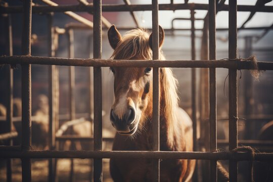 Young sad horses locked behind a cage
