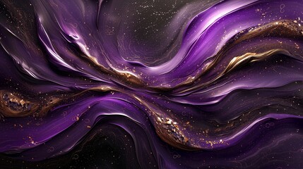 Opulent ribbons of glistening silver and deep amethyst merging gracefully, creating an intricate and luxurious abstract design on a canvas painted in profound cosmic black. 