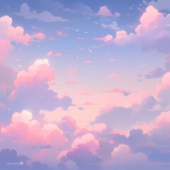 Fototapeta na wymiar Serene Pastel Sky with Fluffy Clouds and Birds at Dusk