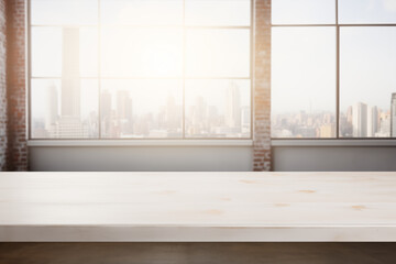Wooden table in a modern office interior with a city view. Mock up.