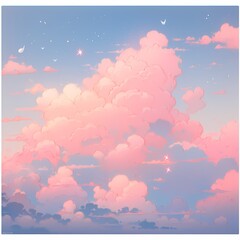 Fototapeta na wymiar Whimsical Pink Clouds with Crescent Moons and Stars in a Dreamy Sky