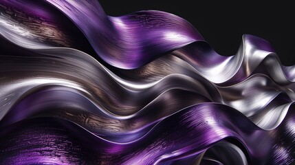 Opulent ribbons of glistening silver and deep amethyst merging gracefully, creating an intricate and luxurious abstract design against a backdrop of profound black. 