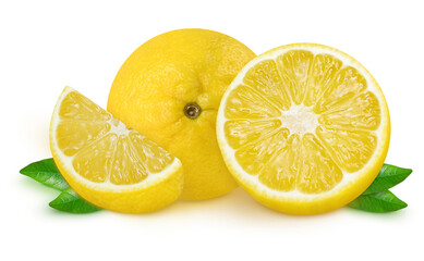 Lemons and leaves on an isolated white background.