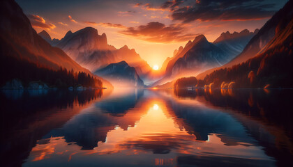 Serene lake sunset with mountain reflections, embodying romanticism in natural light and soft shadows. A tranquil and inviting scene. Generative AI. - obrazy, fototapety, plakaty