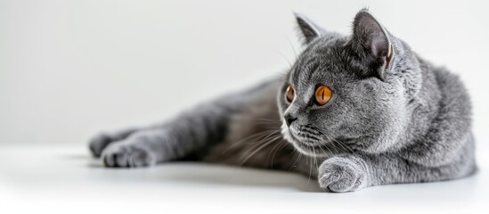 A domestic short-haired gray cat, belonging to the Felidae family of carnivorous terrestrial animals, with striking orange eyes and whiskers, is leisurely laying on a white surface.