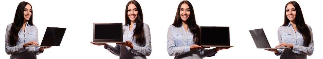 set of beautiful young business woman with long hair in a denim shirt, keeps laptop in hand, smiling, looking at camera, on a white background