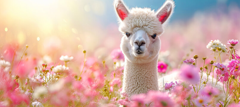 banner of alpaka on the pink flower background, spring time