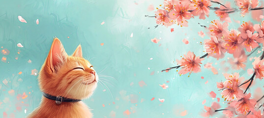 banner cute cartoon red cat on the spring sakura flowering and blue sky background, card,  - obrazy, fototapety, plakaty