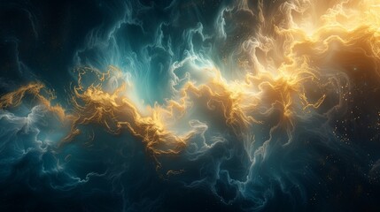 Radiant bursts of sunlit gold and oceanic turquoise merging seamlessly, crafting a luminous and captivating abstract expression on a canvas of deep cosmic black.  - obrazy, fototapety, plakaty