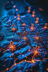 Macro photography of placemarks over the main capitals of the European continent. A map of Europe in neon light with markers. 3d illustration