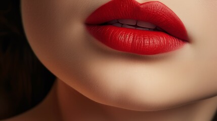 Close-Up of Woman's Red Lips with Softly Textured Skin. Beauty and Makeup Concept. 