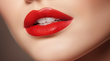 Fototapeta premium Close-Up of Woman's Red Lips with Softly Textured Skin. Beauty and Makeup Concept. 