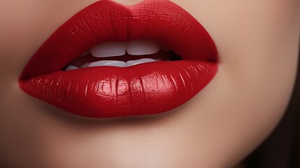 Obraz premium Close-Up of Woman's Red Lips with Softly Textured Skin. Beauty and Makeup Concept. 