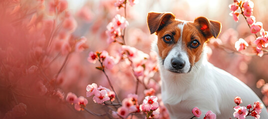 banner of jack russell terrier dog on the sakura blossom background, springtime