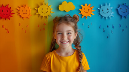Happy toddler posing in front of colorful wall, smiling and having fun
