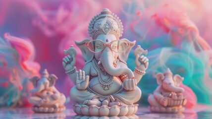 Artistic rendition of Ganesh idol with ethereal blue coloring, framed by surreal smoke and mystical creatures, evoking a dreamlike spiritual experience - obrazy, fototapety, plakaty