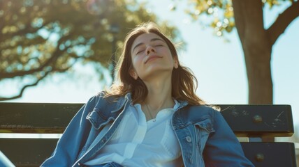 Young woman reclining on a bench, eyes closed, in peaceful relaxation, with sunlight filtering through the trees, creating a calm atmosphere
