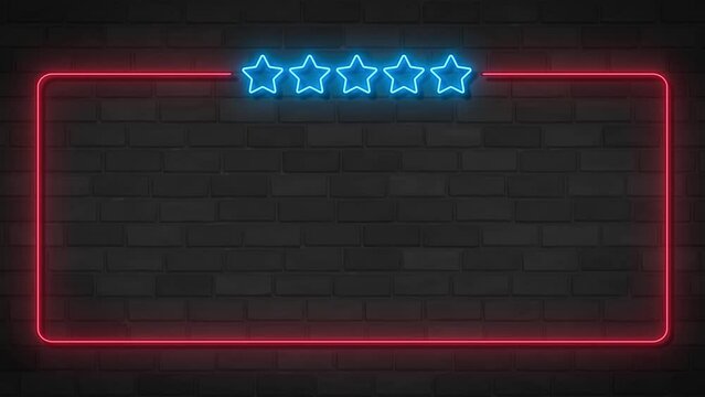 Neon frame with five stars and and brick wall background. Five Star Rating. Concept of luxury, premium and VIP. Motion Graphics.