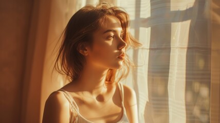 Woman bathed in golden sunlight near a window with a sheer curtain - obrazy, fototapety, plakaty
