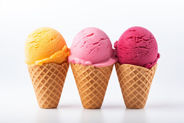 Ice cream flavors with cone on white background