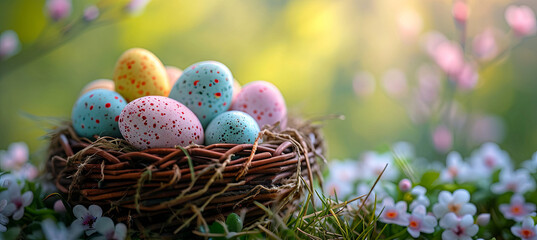 Easter eggs in the nest on green boke background, holiday time
