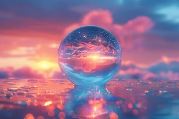 Large glass orb reflecting a captivating sunset amidst a sea of clouds, creating a dreamlike atmosphere