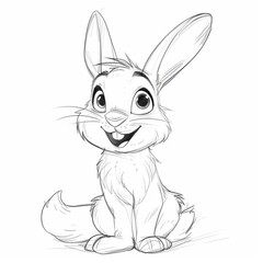 A cheerful hare, a cute rabbit. Black and white coloring book.