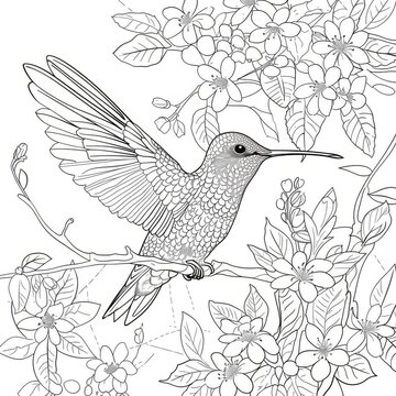 A hummingbird bird in flowers. A black and white coloring book. coloring pages for children.