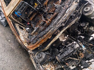 Burned diesel internal combustion engine car that caught fire